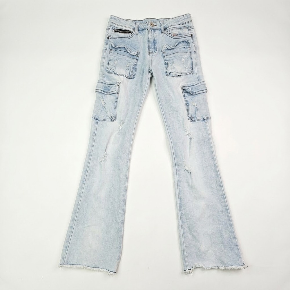 Rockstar Original Flare Jeans Women Size 12 Light Wash Distressed Cargo RSK205